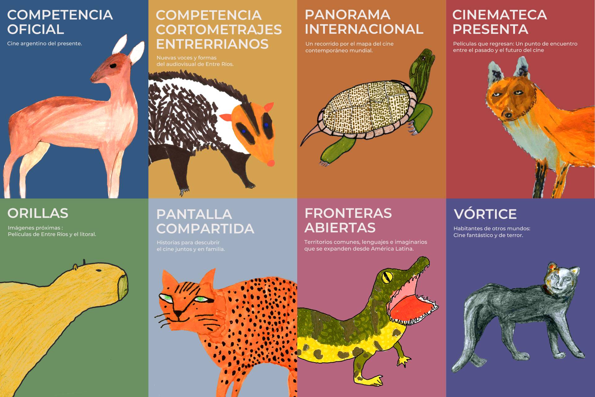 Las ocho ilustraciones de fauna que representan las secciones del festival